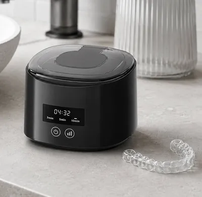Nettoyeur ultrasonique DentaSonic posé sur un plan de vasque, à côté d’une gouttière transparente